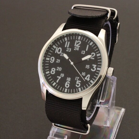 Men's Quartz Field Watch Silver Tone Case Black Military Strap 42mm - Picture 4 of 12